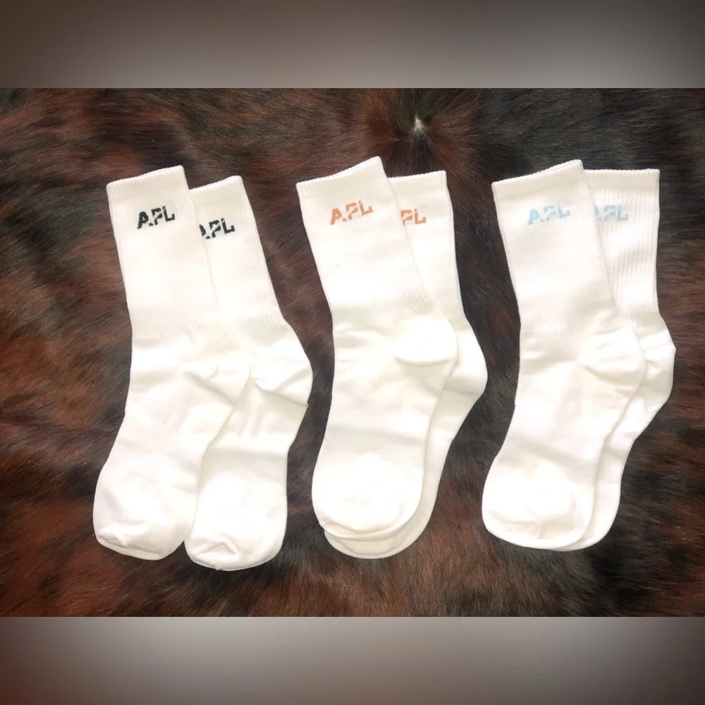 APL UNISEX White Crew Socks with Multicolor Logos 3/$30
